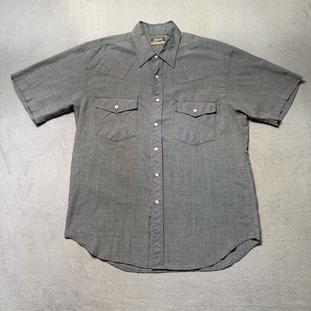 Outlaw Western Wear Mens L Short Sleeve Shirt Black Blue Check Pearl Snap Cowboy